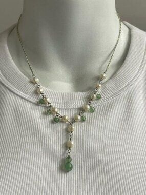 Fresh Water Pearl & Jadite Y Drop Necklace